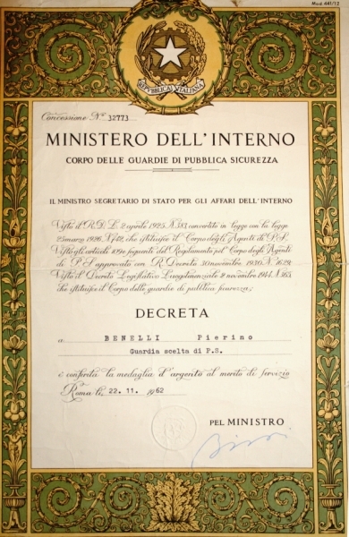 Medaglia d'argento per merito di servizio di Pierino Benelli